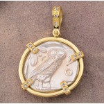 Ancient Greek Attica, Athens Owl Tetradrachm Silver Coin 454-404 B.C. in 18kt Gold Pendant with Diamonds
